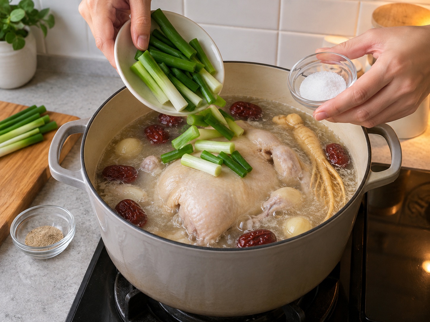 Korean Samgyetang — Add spring onions