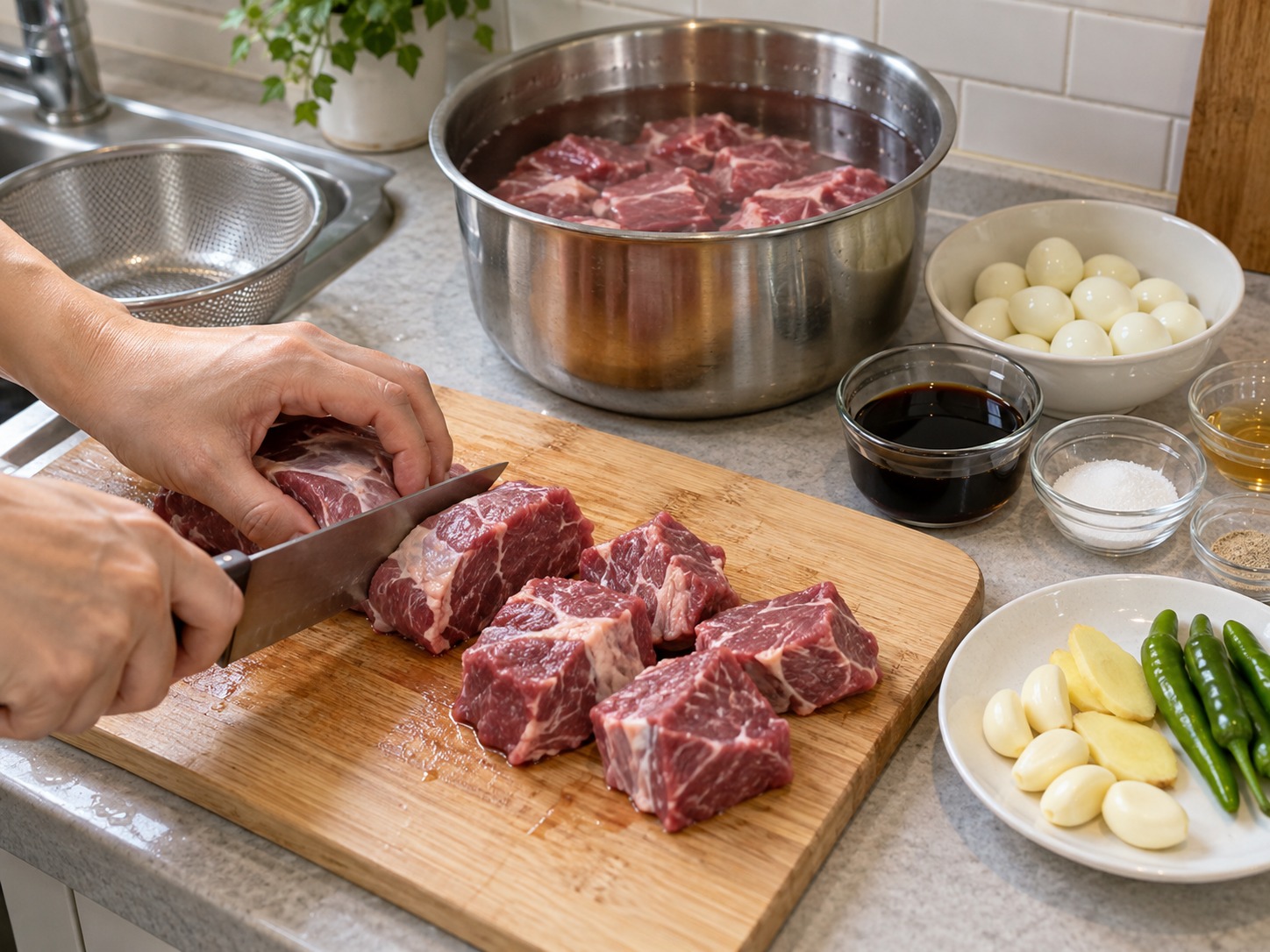 韓式醬油燉牛肉鵪鶉蛋 — 牛腱切成大塊，放入冷水浸十分鐘後瀝乾