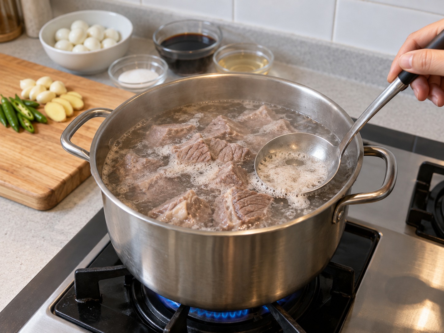 韓式醬油燉牛肉鵪鶉蛋 — 牛腱冷水下鍋煮滾，汆水五分鐘