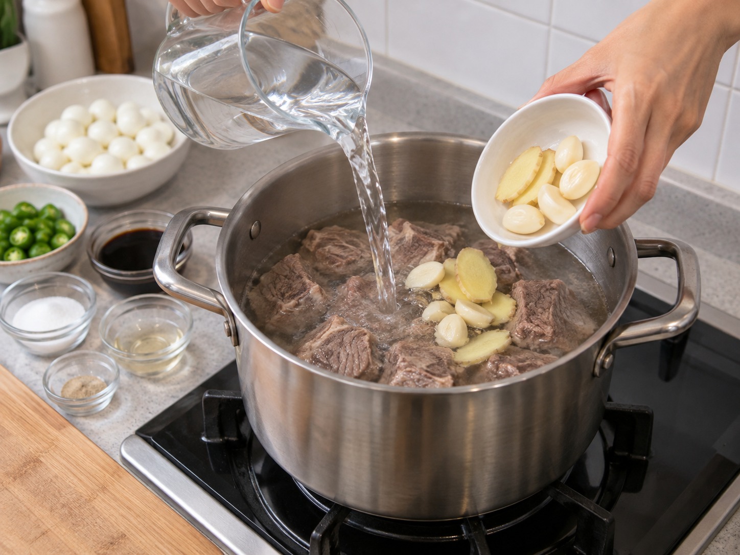 韓式醬油燉牛肉鵪鶉蛋 — 鍋中加入牛肉、清水、薑和蒜煮滾