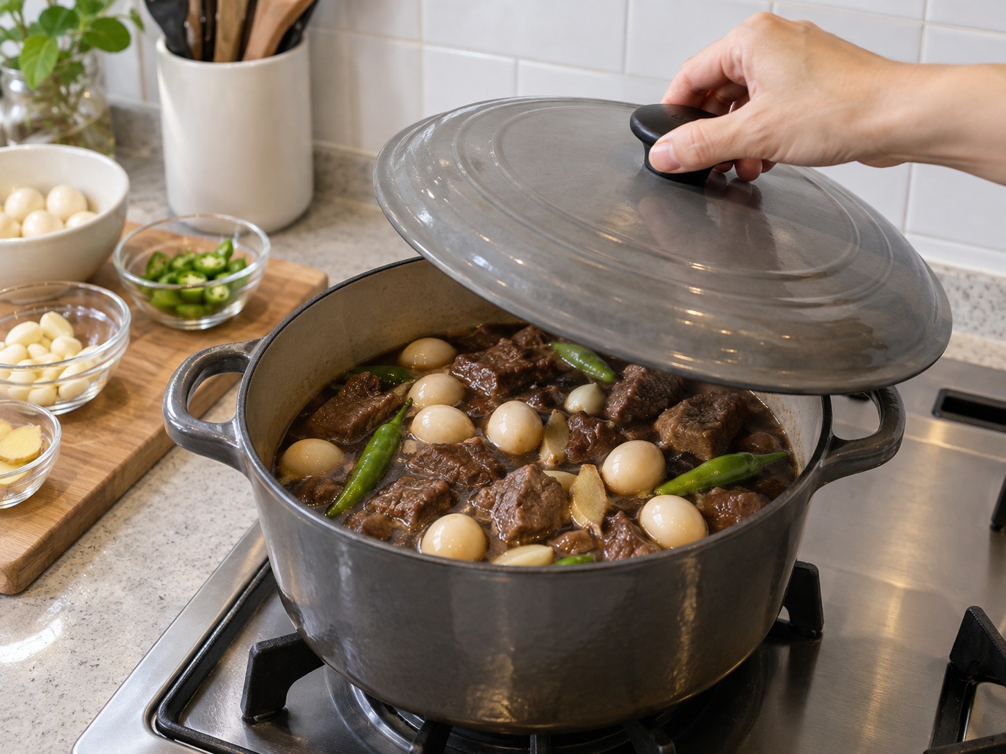 韓式醬油燉牛肉鵪鶉蛋 — 轉小火加蓋煮五十分鐘