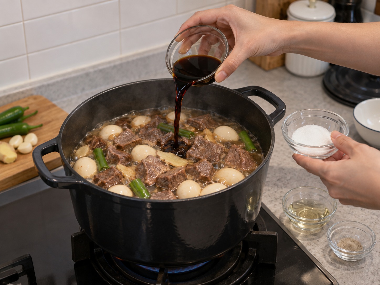 韓式醬油燉牛肉鵪鶉蛋 — 加入生抽、糖、米酒和白胡椒再煮十五分鐘