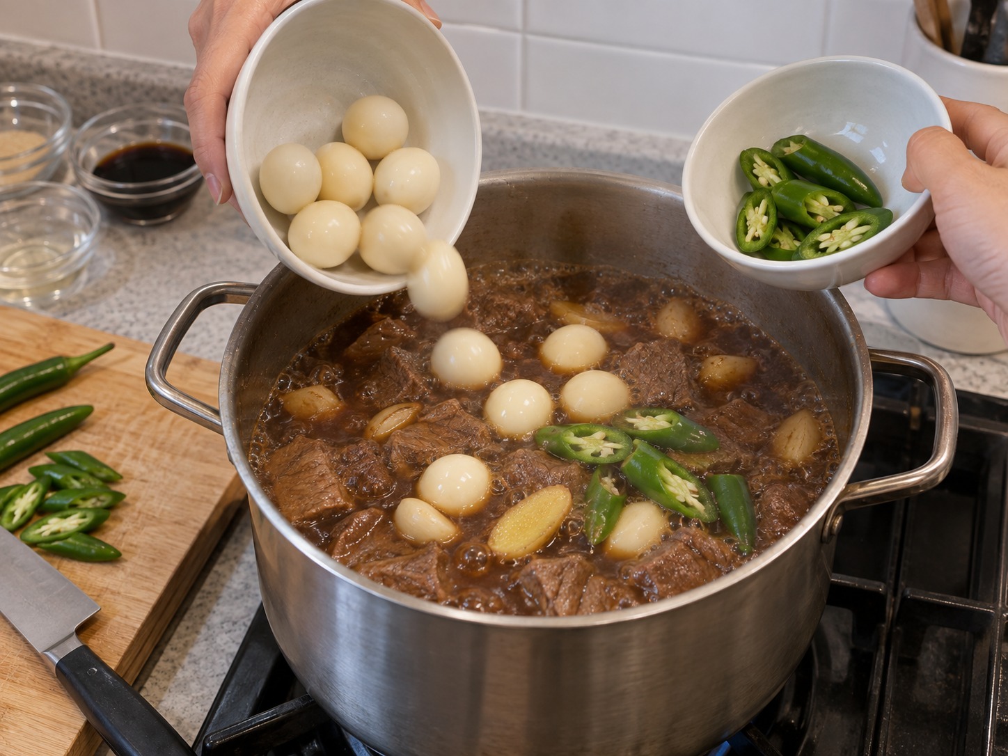 韓式醬油燉牛肉鵪鶉蛋 — 加入鵪鶉蛋和青辣椒，小火煮十分鐘