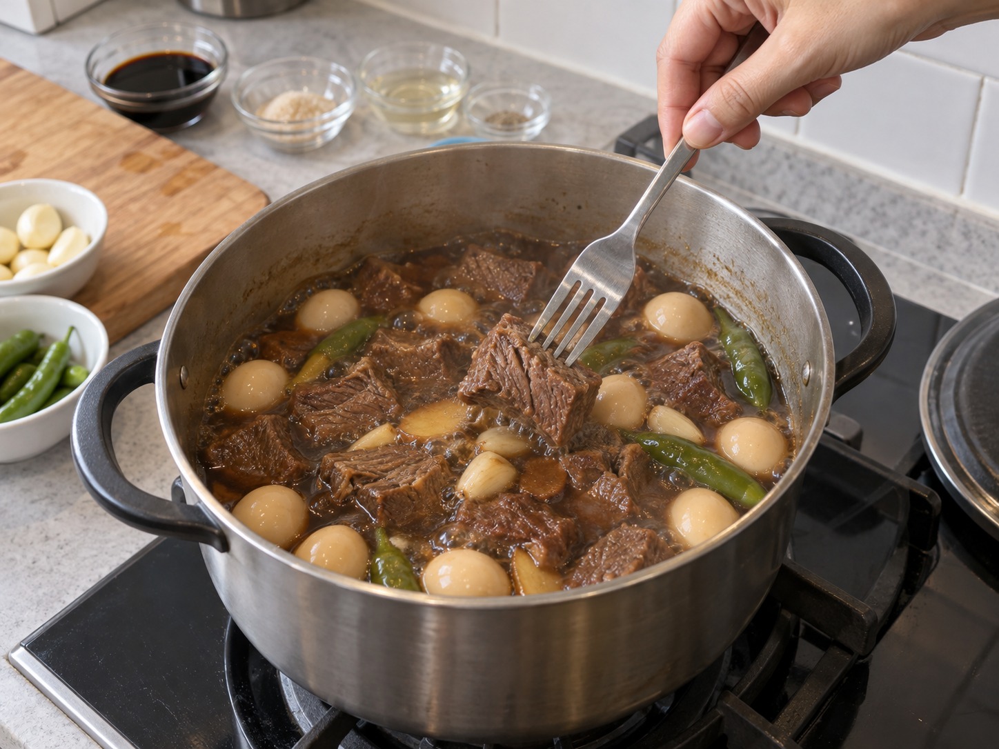 韓式醬油燉牛肉鵪鶉蛋 — 用叉確認牛肉可輕易穿透並已全熟