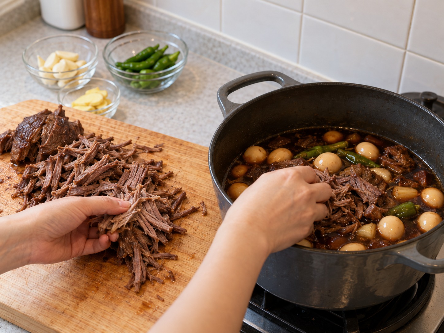 韓式醬油燉牛肉鵪鶉蛋 — 牛肉稍涼後沿紋理撕成粗絲，再放回醬汁