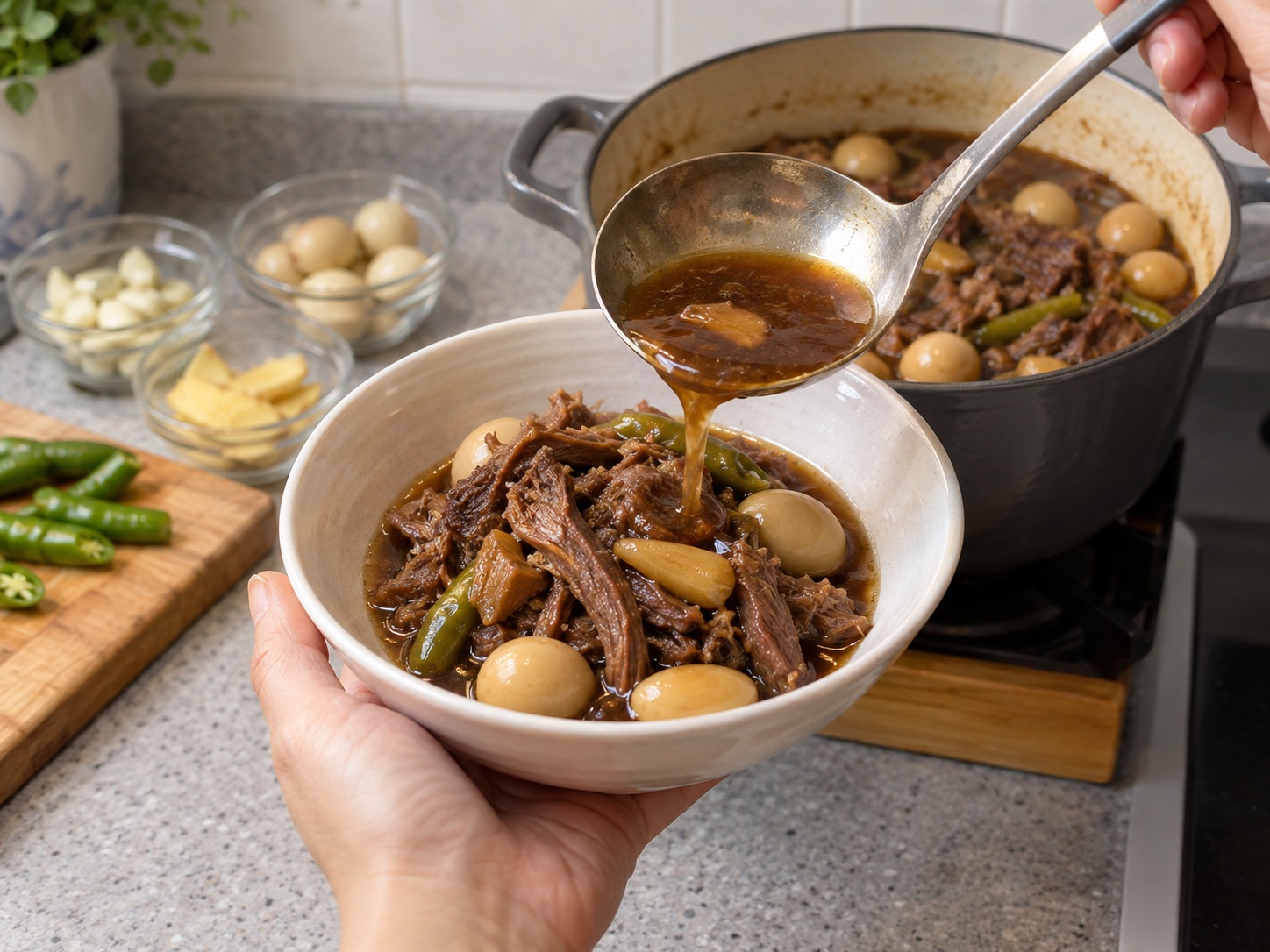 韓式醬油燉牛肉鵪鶉蛋 — 連同鵪鶉蛋和少量醬汁盛碟