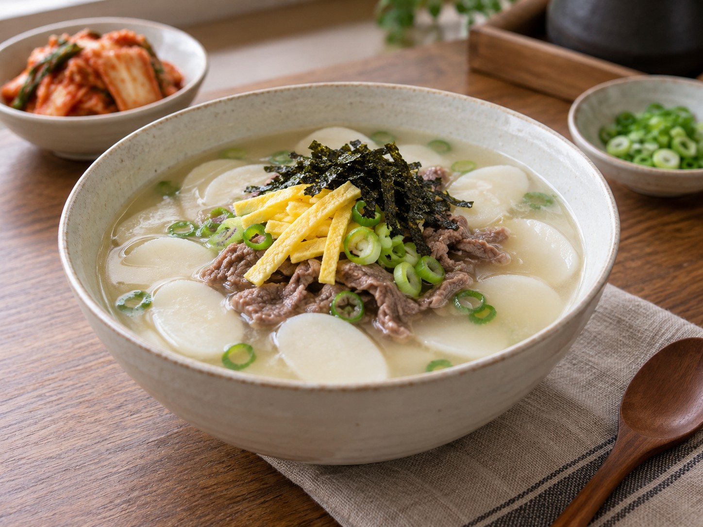 Sup Kue Beras Korea dengan Daging Sapi — hidangan selesai