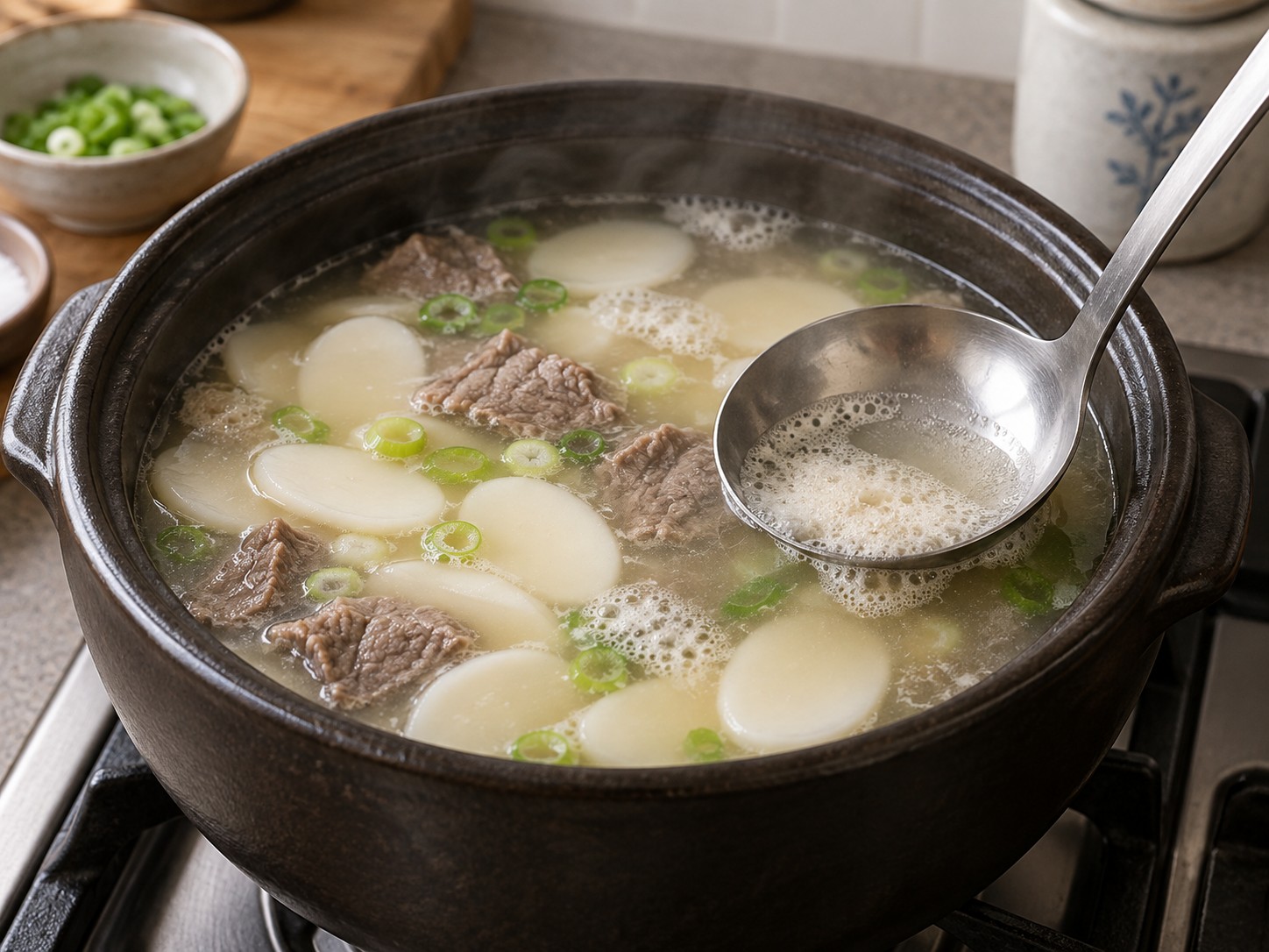 Korean Beef Rice Cake Soup — Adjust the broth