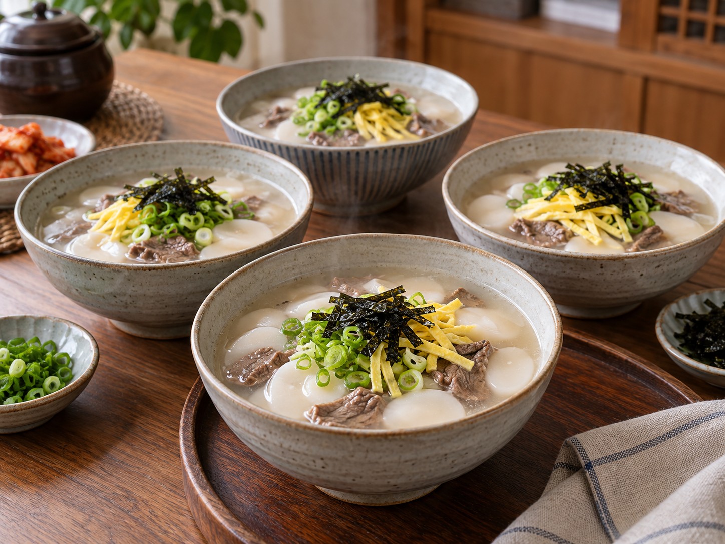 Korean Beef Rice Cake Soup — Garnish and serve