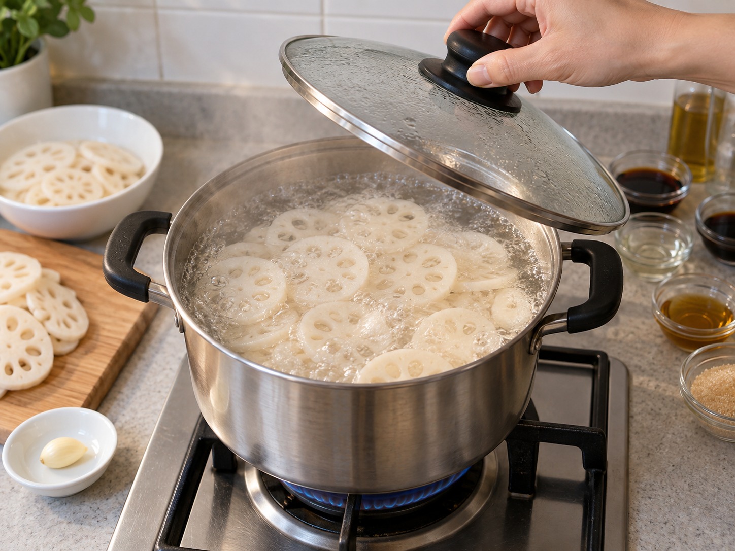 韓式醬油炆蓮藕 — 鍋中煮滾清水，蓮藕汆燙三分鐘