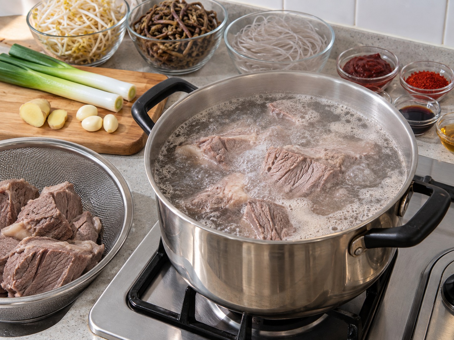 韓式辣牛肉湯 — 牛腱放入冷水煮滾，倒掉第一鍋水並洗淨