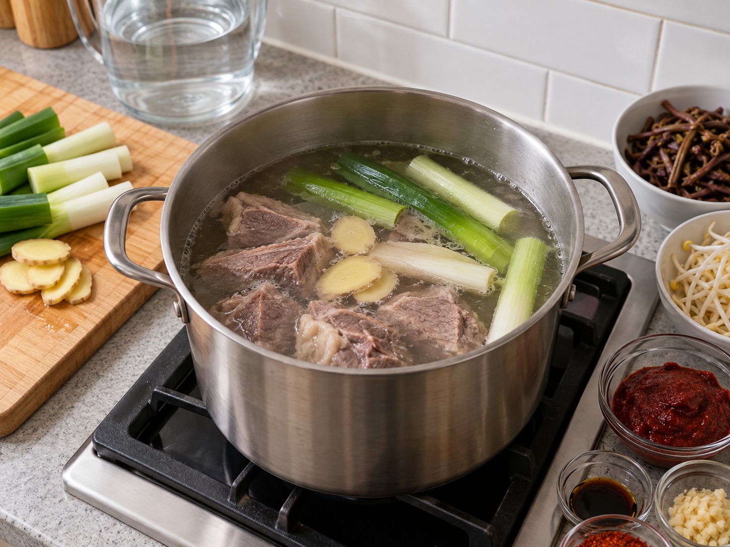韓式辣牛肉湯 — 加入清水、薑和大蔥，小火煮至牛肉軟身