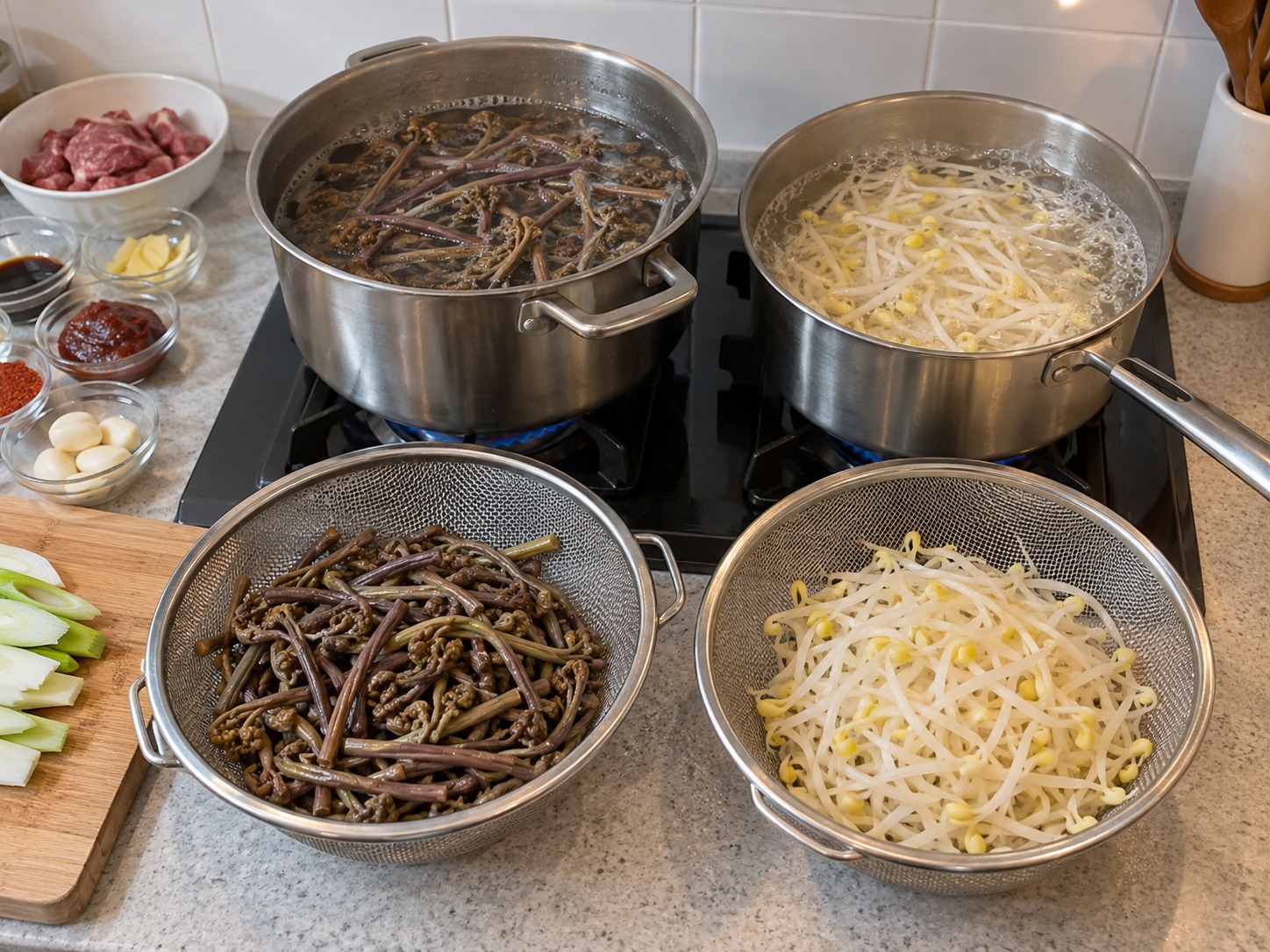 韓式辣牛肉湯 — 蕨菜和豆芽分別汆燙後瀝乾
