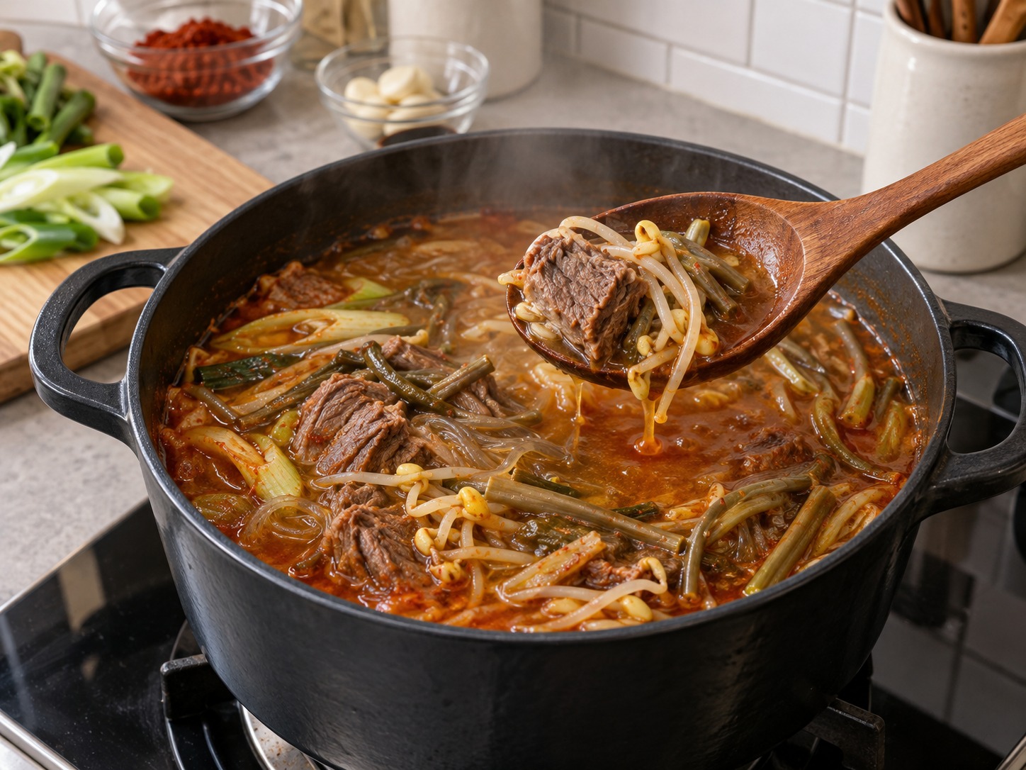 韓式辣牛肉湯 — 試味並確認牛肉軟熟、豆芽剛熟