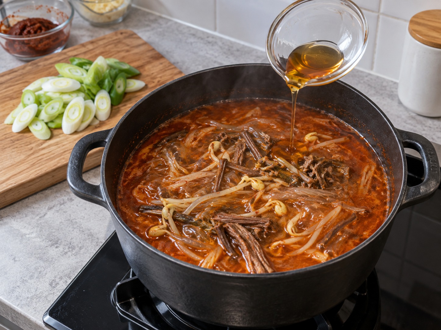 韓式辣牛肉湯 — 淋少量麻油，加入大蔥絲