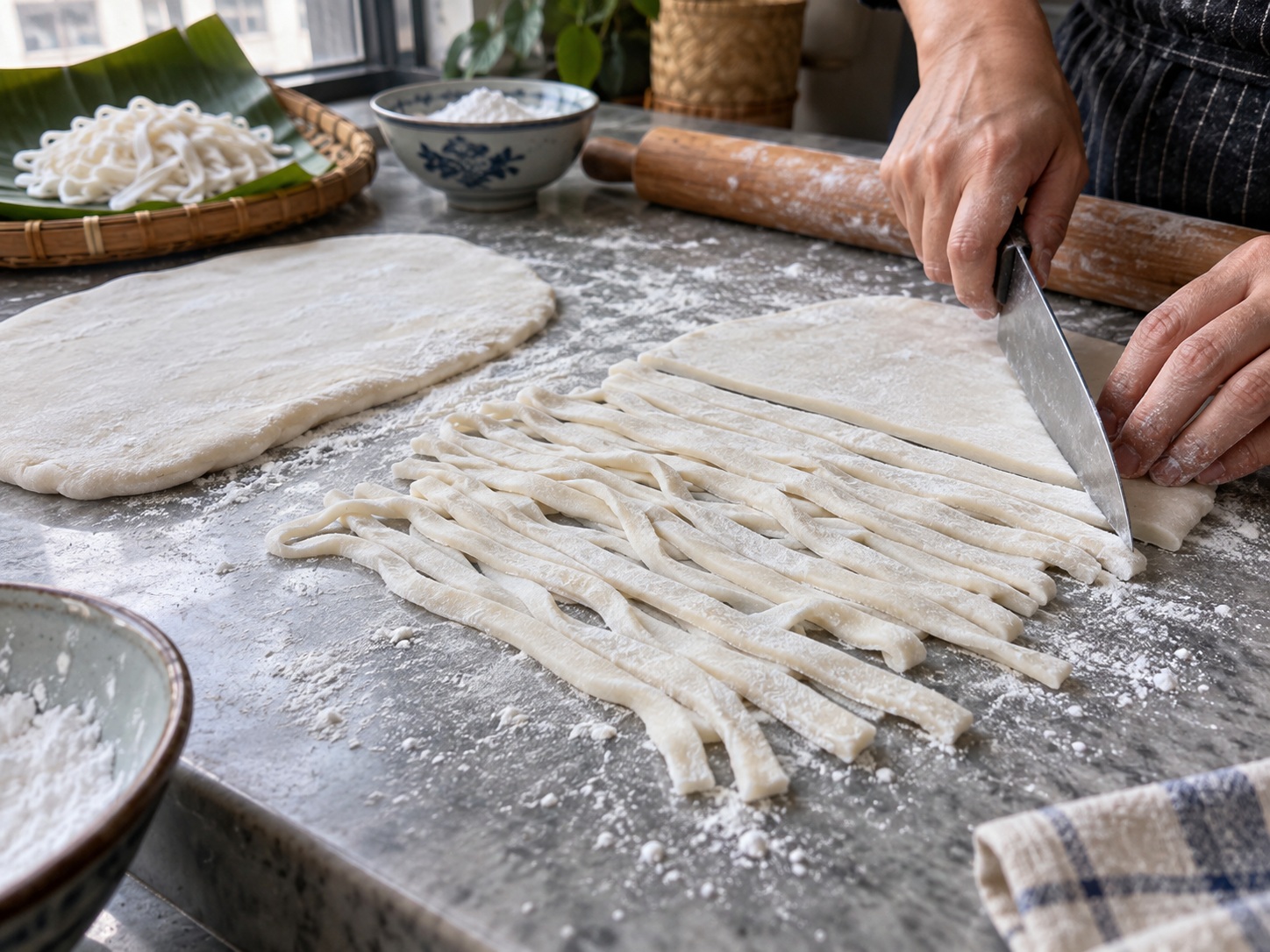 Laotian Khao Piak Sen — Roll and hand-cut noodles