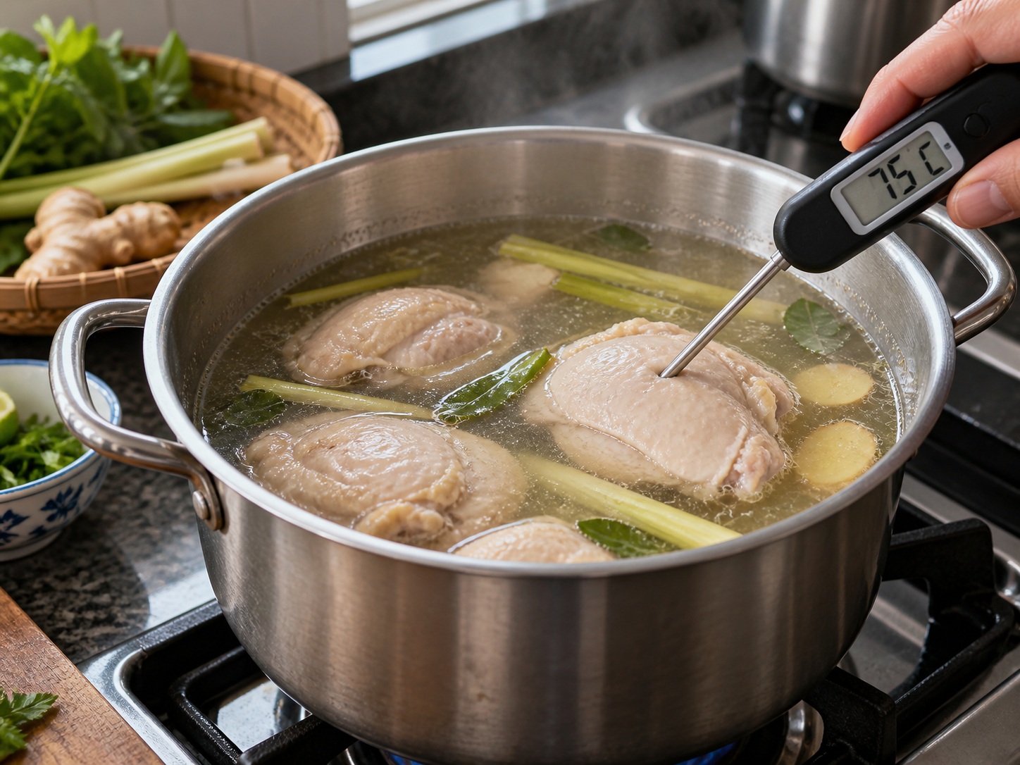 Laotian Khao Piak Sen — Poach chicken to 75°C
