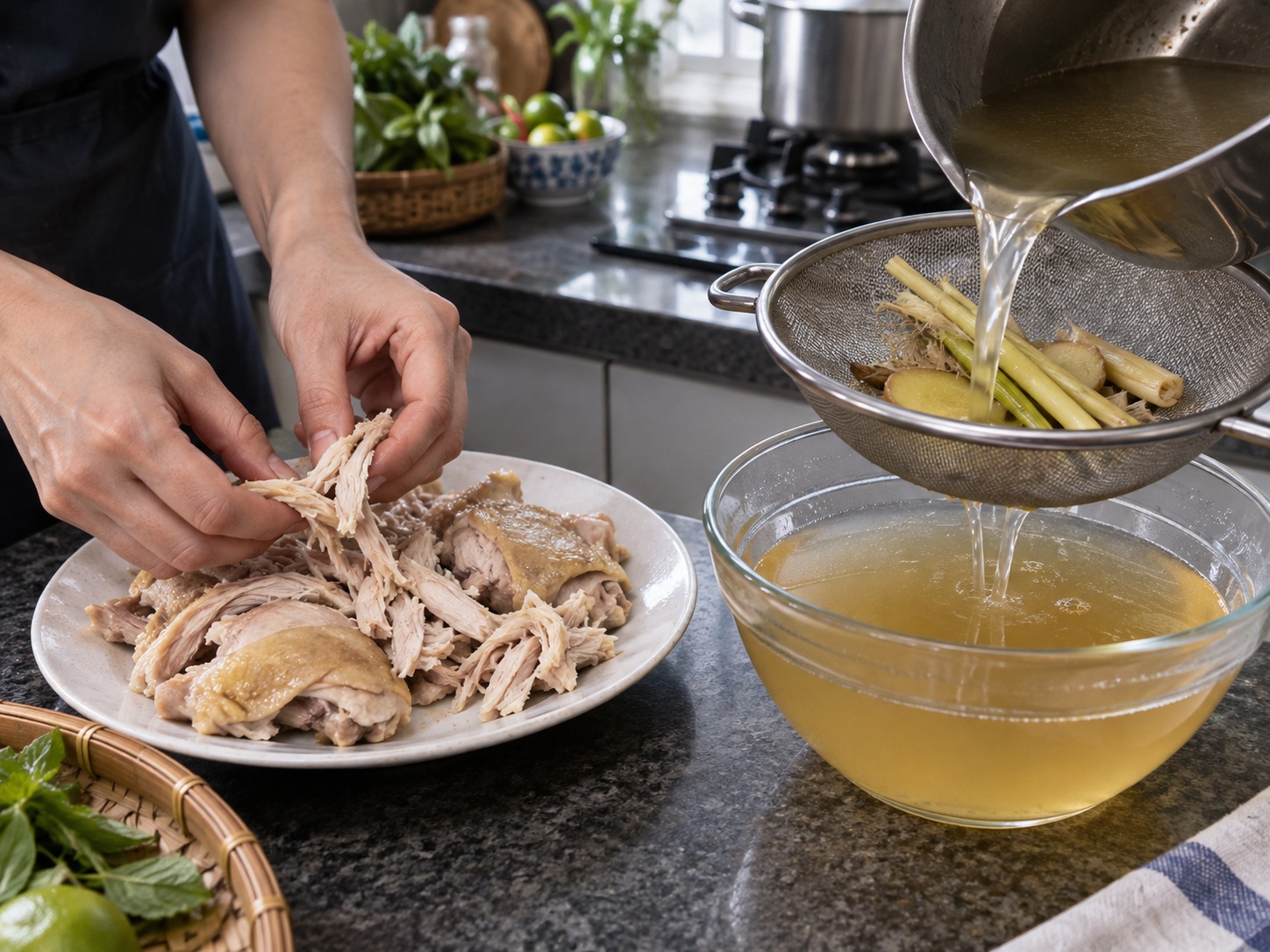 Laotian Khao Piak Sen — Shred chicken and strain