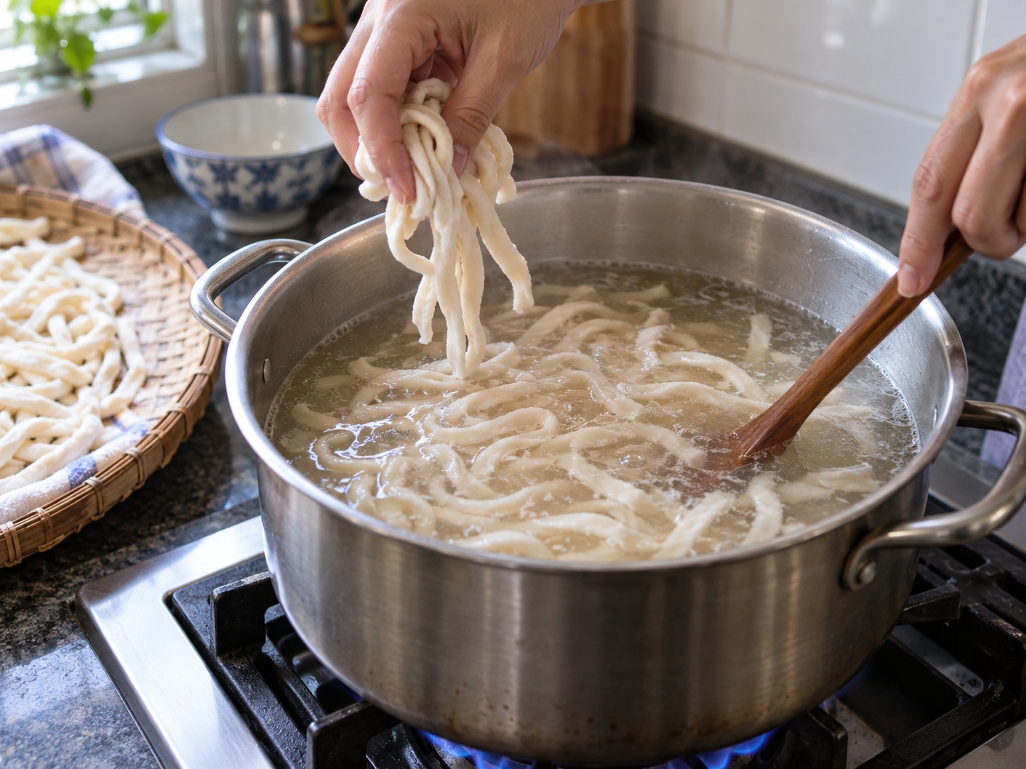 Laotian Khao Piak Sen — Cook the first noodle batch