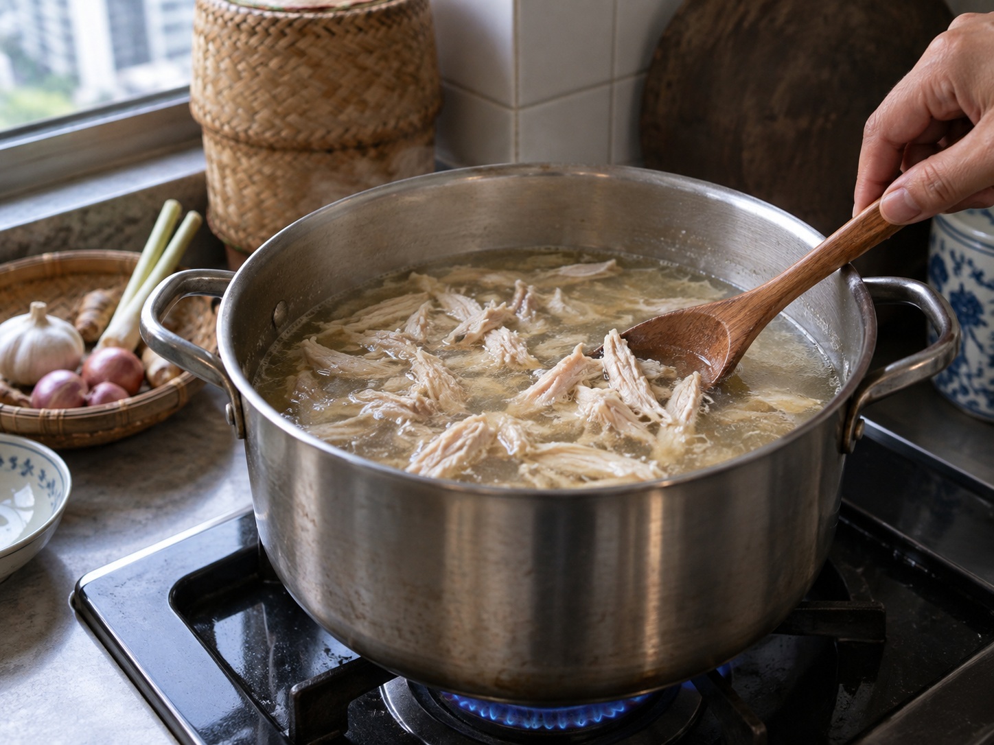 Laotian Khao Piak Sen — Warm the shredded chicken