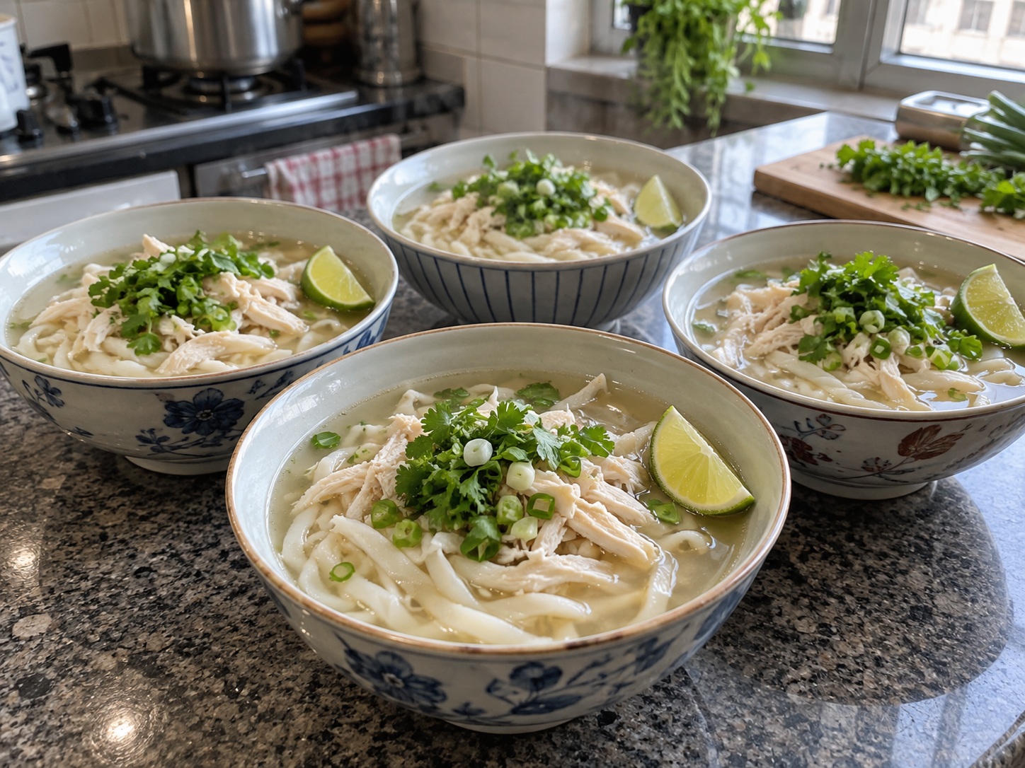 Laotian Khao Piak Sen — Garnish and serve