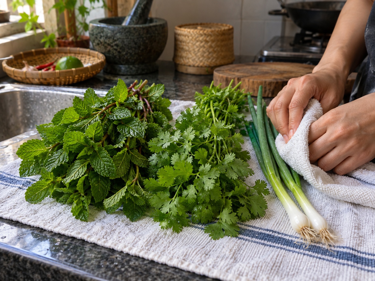 Larb Ayam Laos — Cuci dan keringkan herba