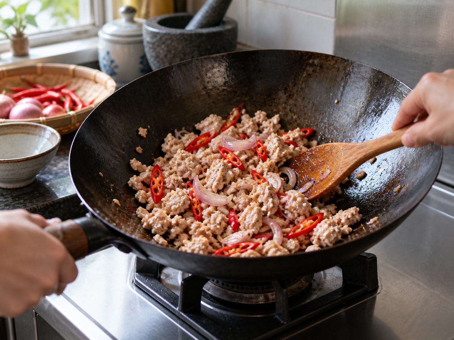 Larb Ayam Laos — Masukkan bawang setelah api mati