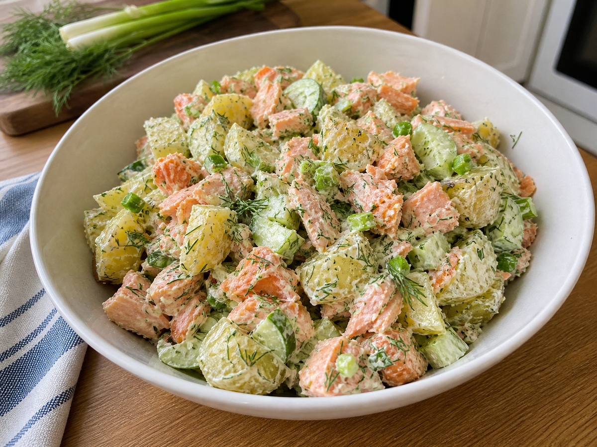 Tapos na lutong-bahay na Lemon-Dill Salmon at Potato Salad