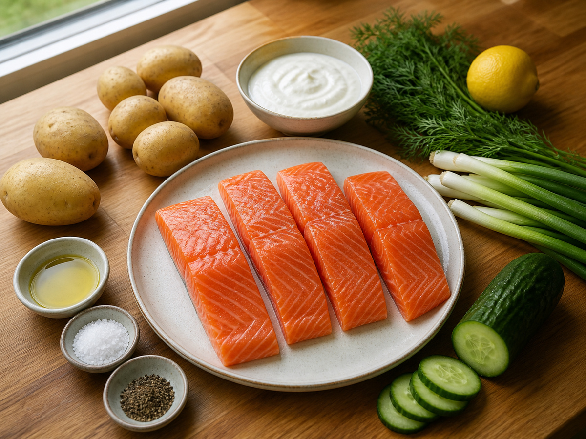Mga sangkap para sa Lemon-Dill Salmon at Potato Salad