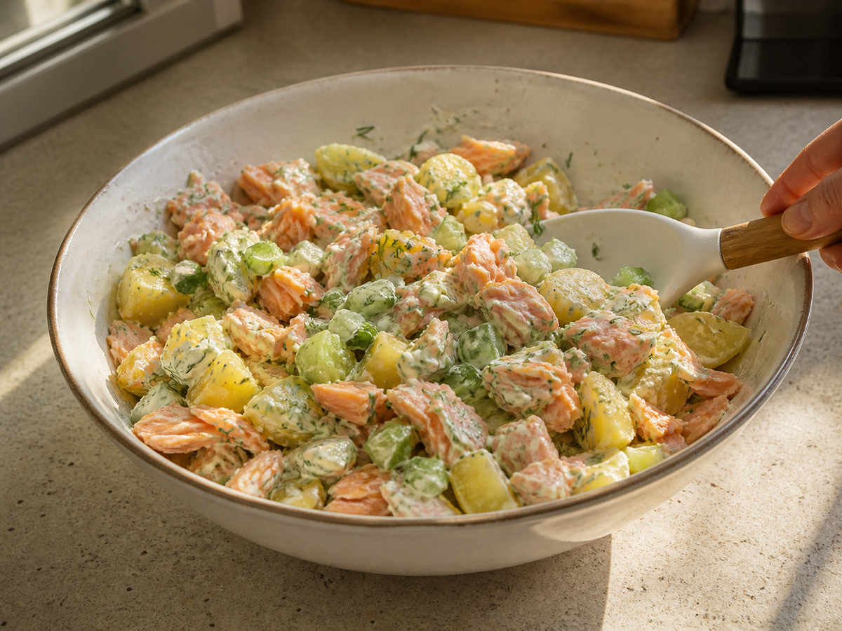 Lemon-Dill Salmon at Potato Salad: Buuin ang putahe