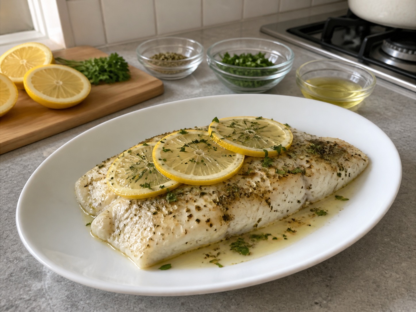Fillet Ikan Panggang Lemon dan Herba — hidangan selesai