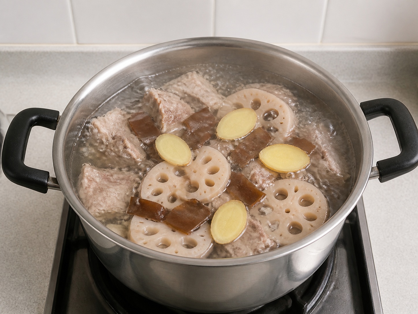 Lotus Root, Dried Octopus and Pork Bone Soup — Add the main ingredients