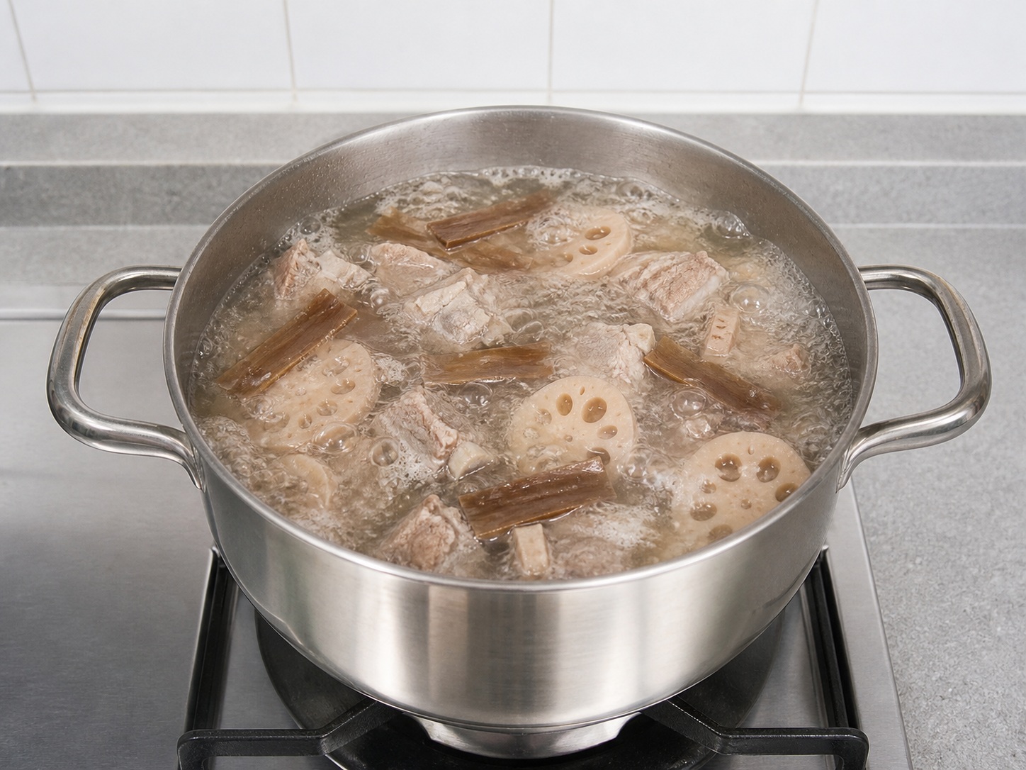 Lotus Root, Dried Octopus and Pork Bone Soup — Boil uncovered