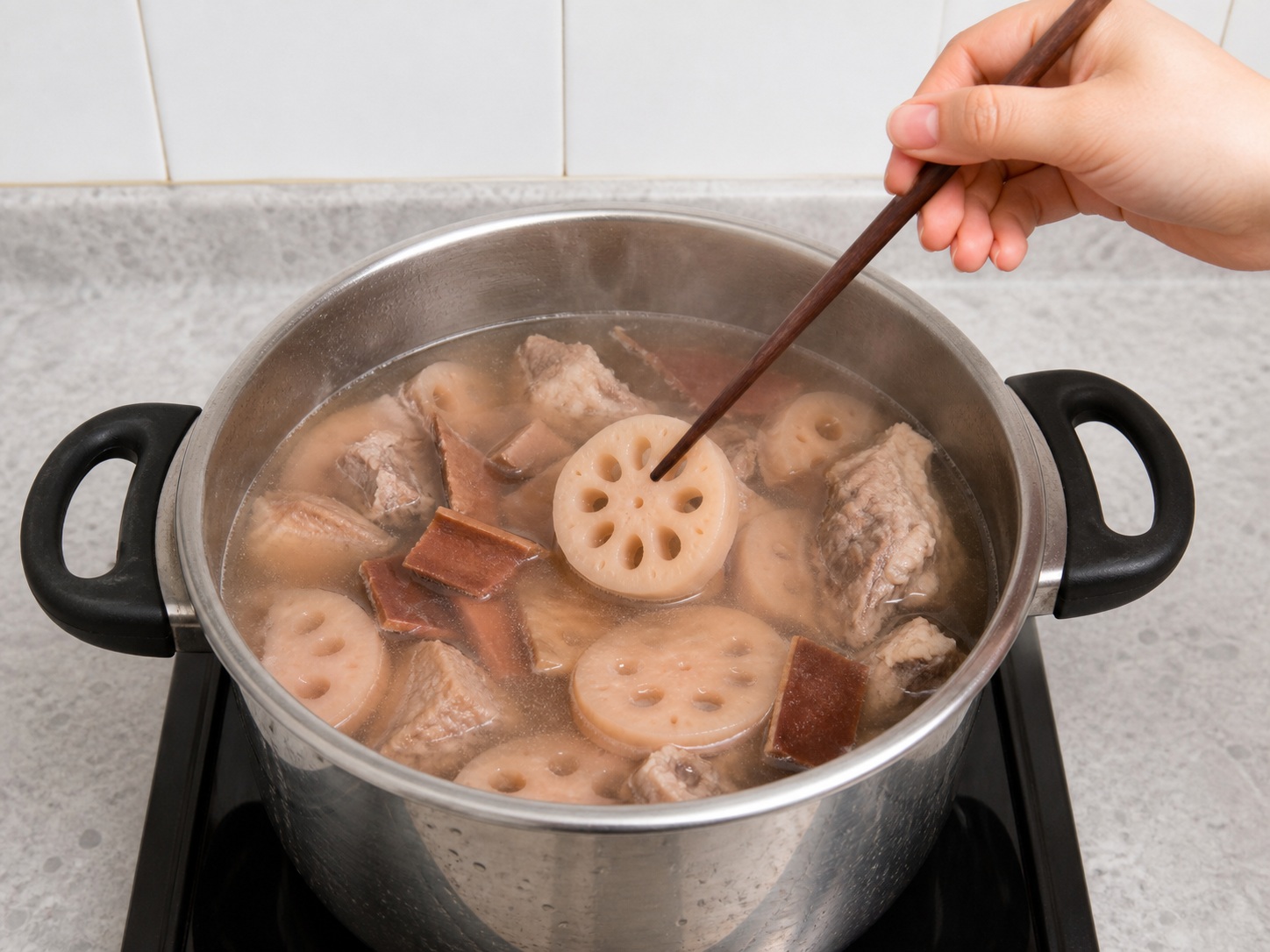 Lotus Root, Dried Octopus and Pork Bone Soup — Check tenderness and season