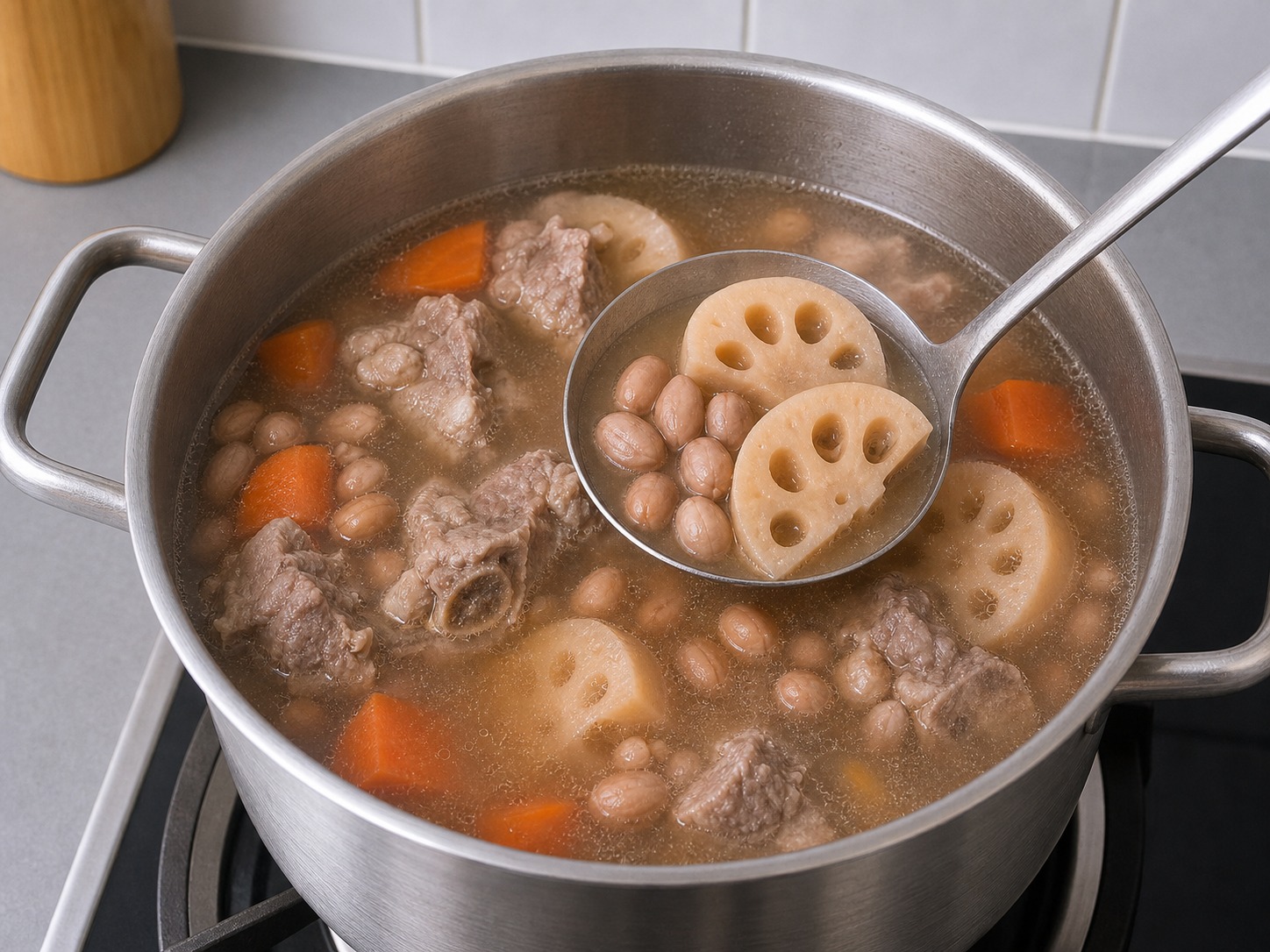 蓮藕花生豬骨湯:檢查材料軟硬