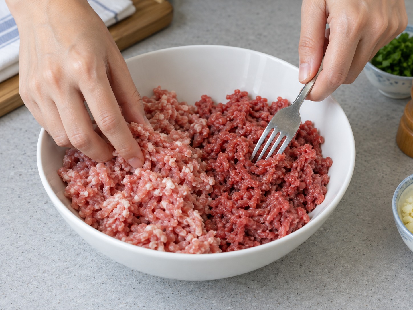 Minchi Makau — Uraikan daging cincang babi dan sapi agar tidak menggumpal