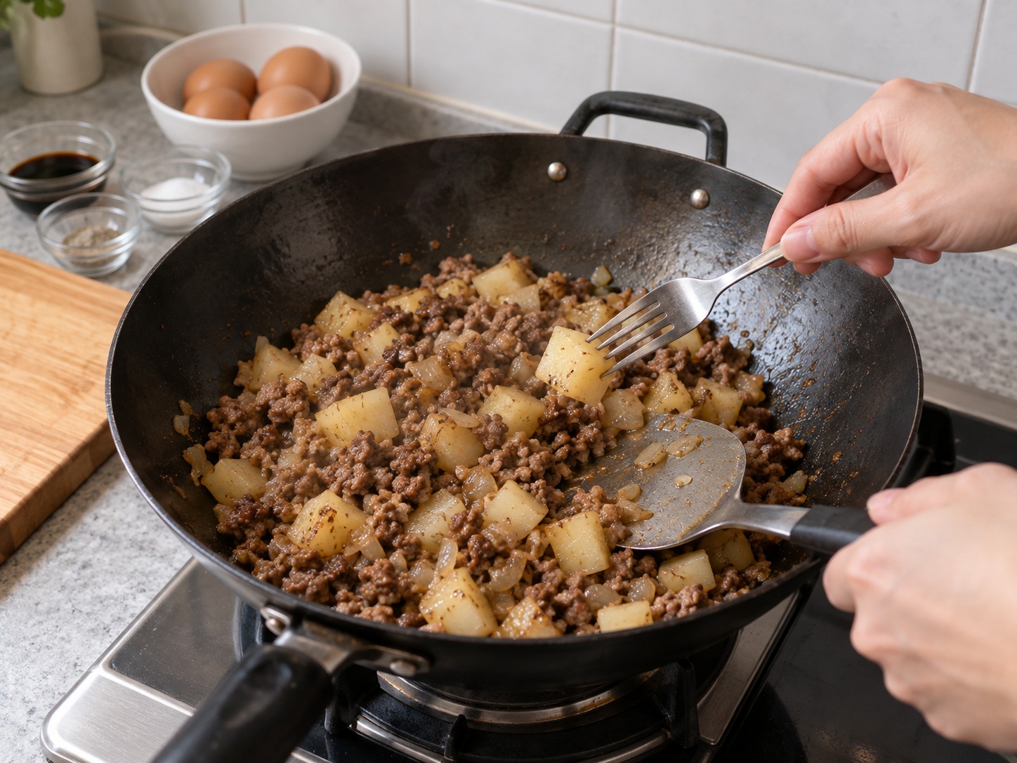 Minchi Makau — Pastikan daging matang sepenuhnya dan bagian tengah kentang empuk