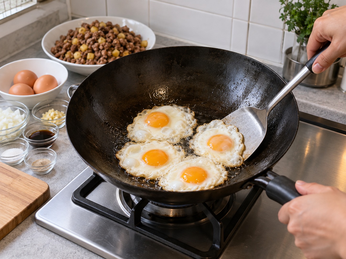 Minchi Makau — Gunakan sisa minyak untuk menggoreng telur hingga putihnya matang