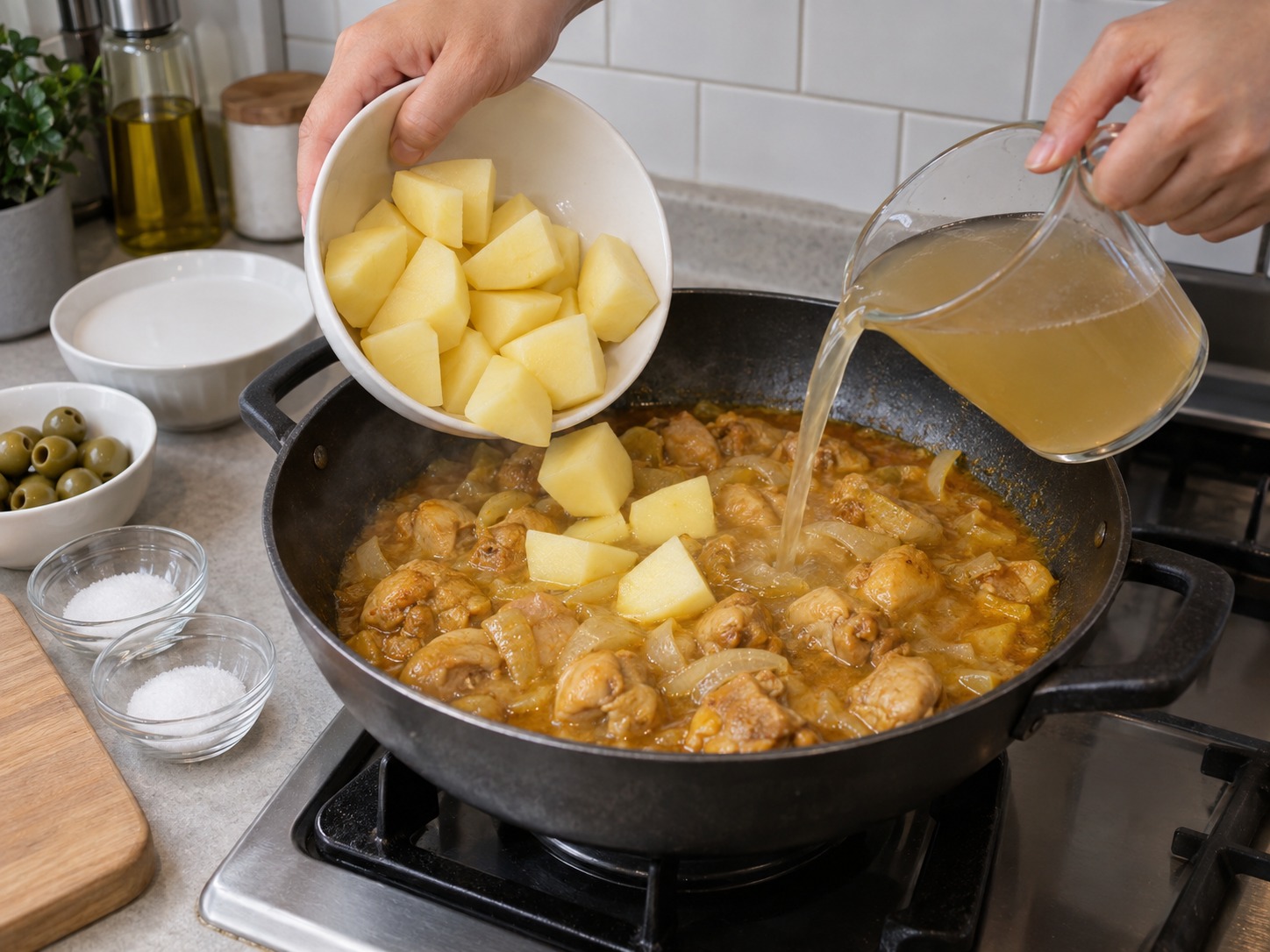 Ayam Portugis Makau — Masukkan kentang, kaldu, garam, dan gula lalu didihkan
