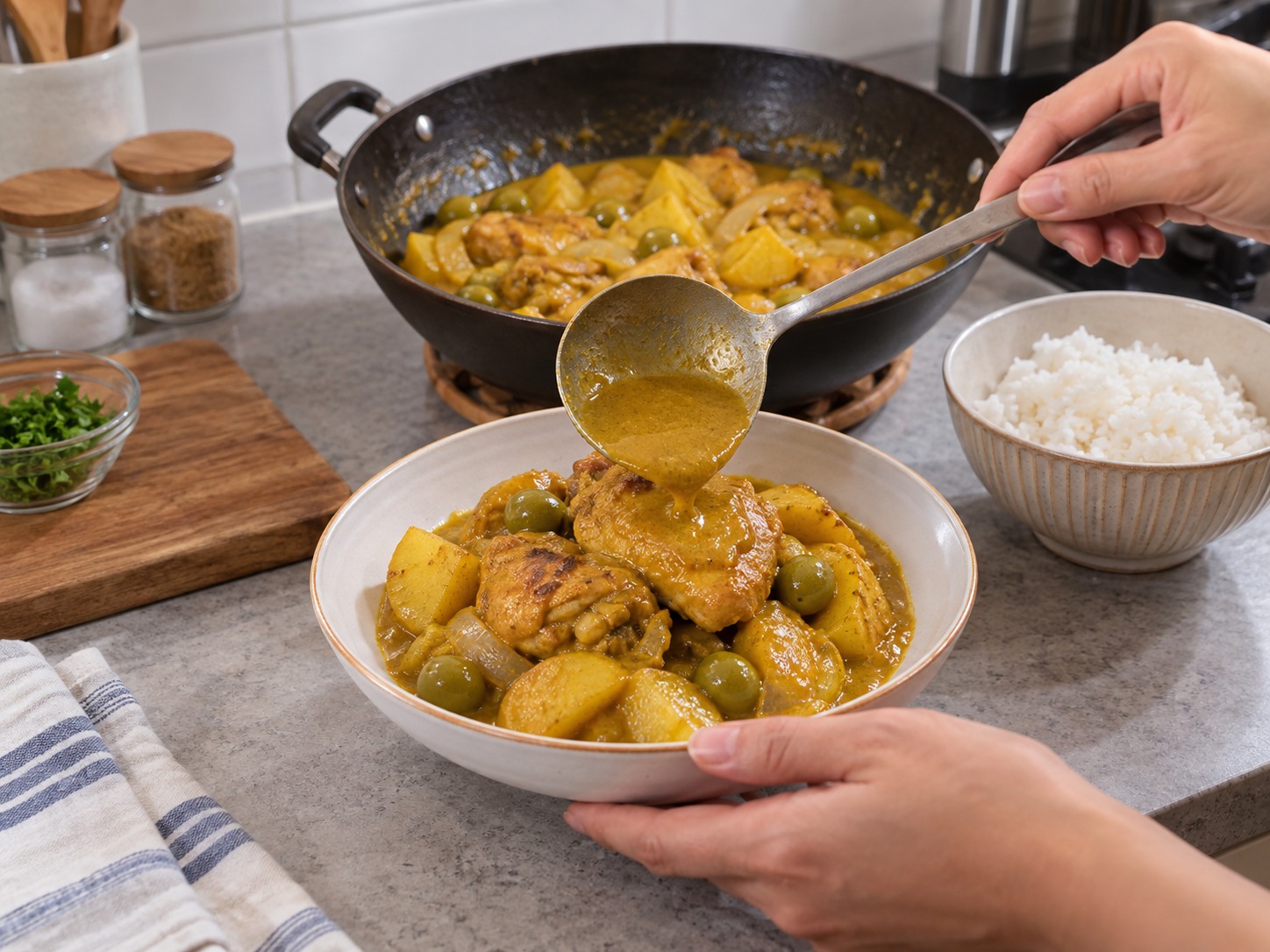 Ayam Portugis Makau — Diamkan lima menit lalu sajikan dengan saus kari