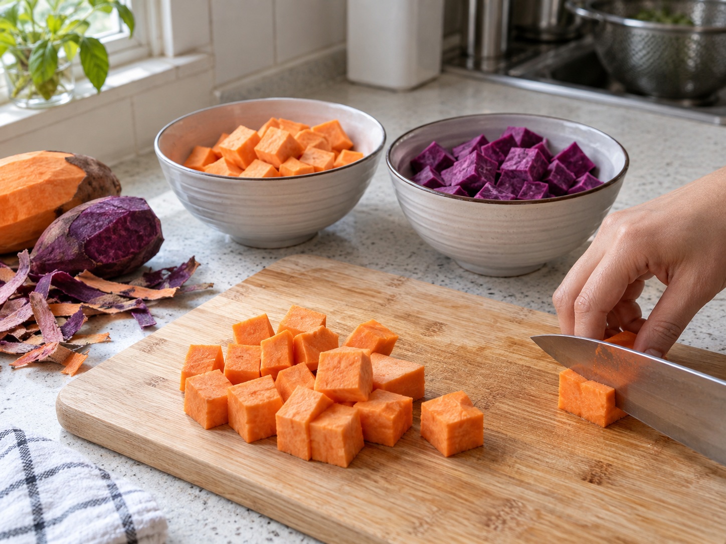 Malaysian Bubur Cha Cha — Cut the sweet potatoes separately