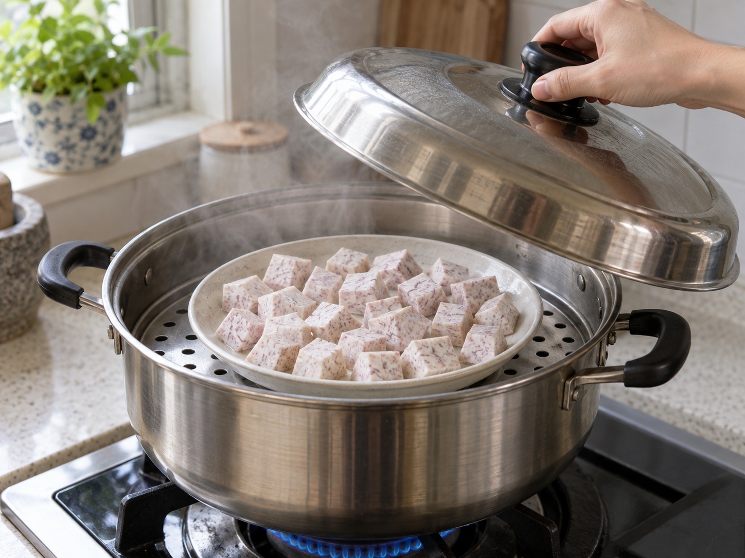 Malaysian Bubur Cha Cha — Start steaming the taro