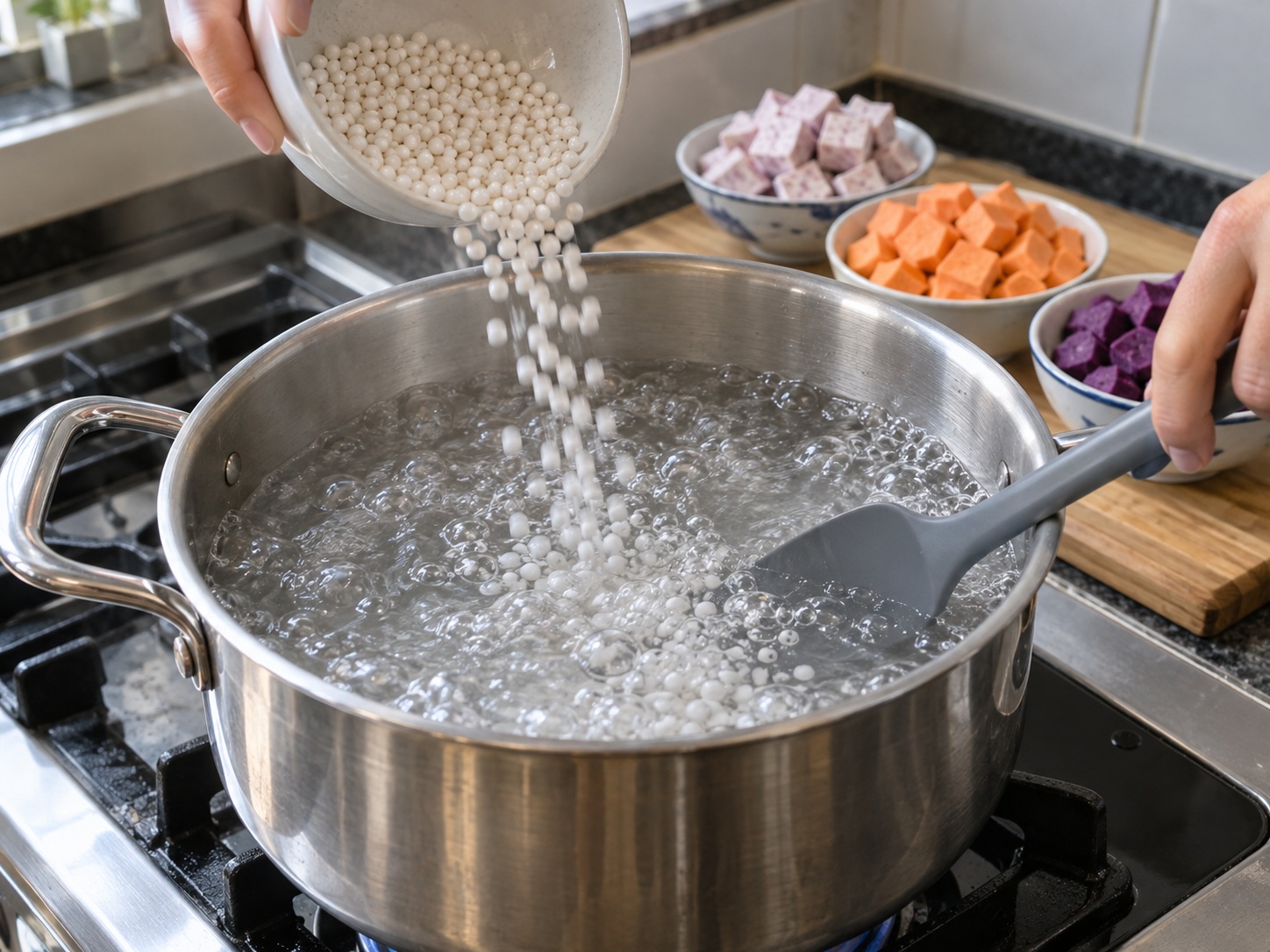 Malaysian Bubur Cha Cha — Boil water for the tapioca