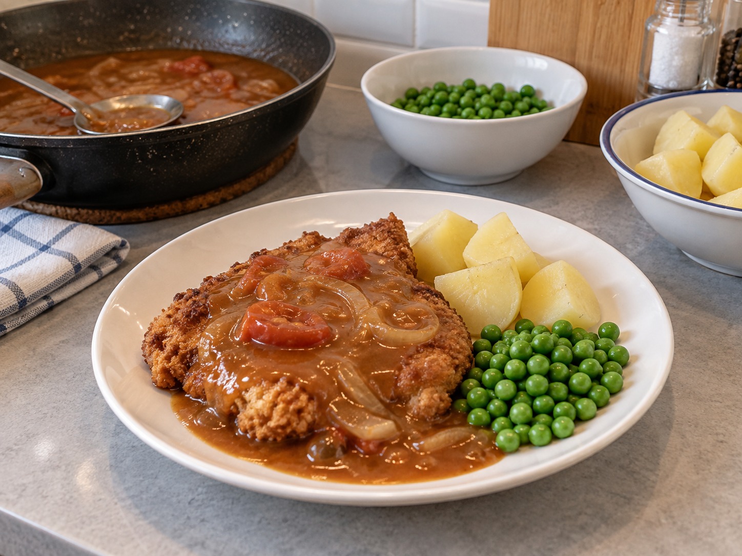 Chicken Chop Hainan Malaysia — Sajikan ayam dengan saus, kentang dan kacang polong