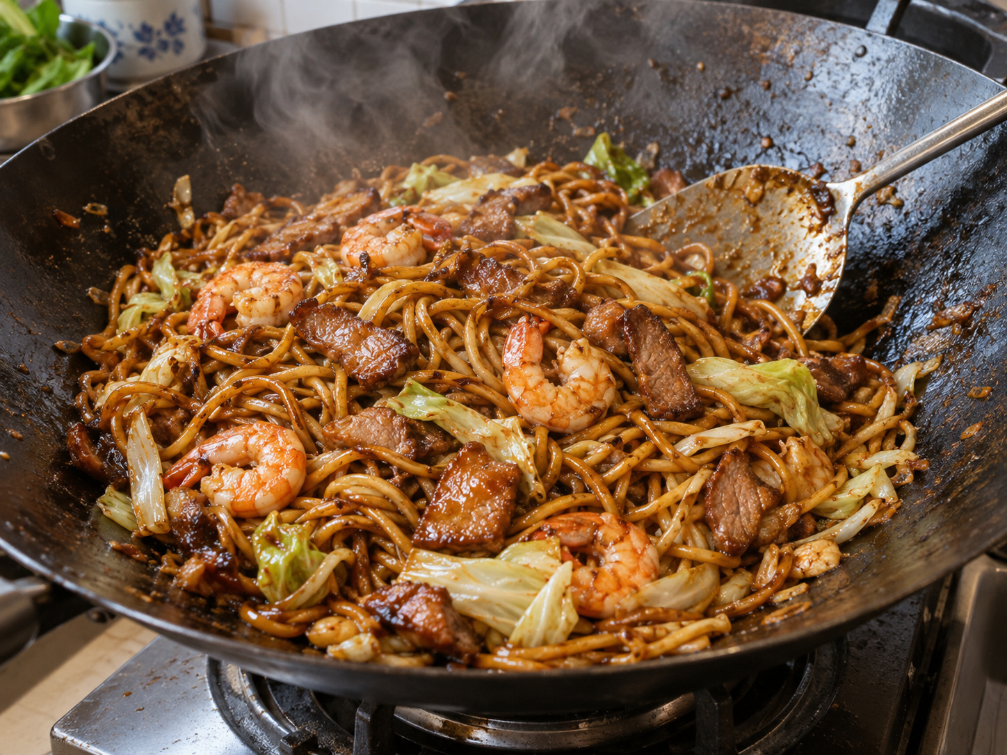 Mi Hokkien Malaysia — 10. Masukkan kembali babi dan udang lalu aduk 2 hingga 3 menit hingga matang