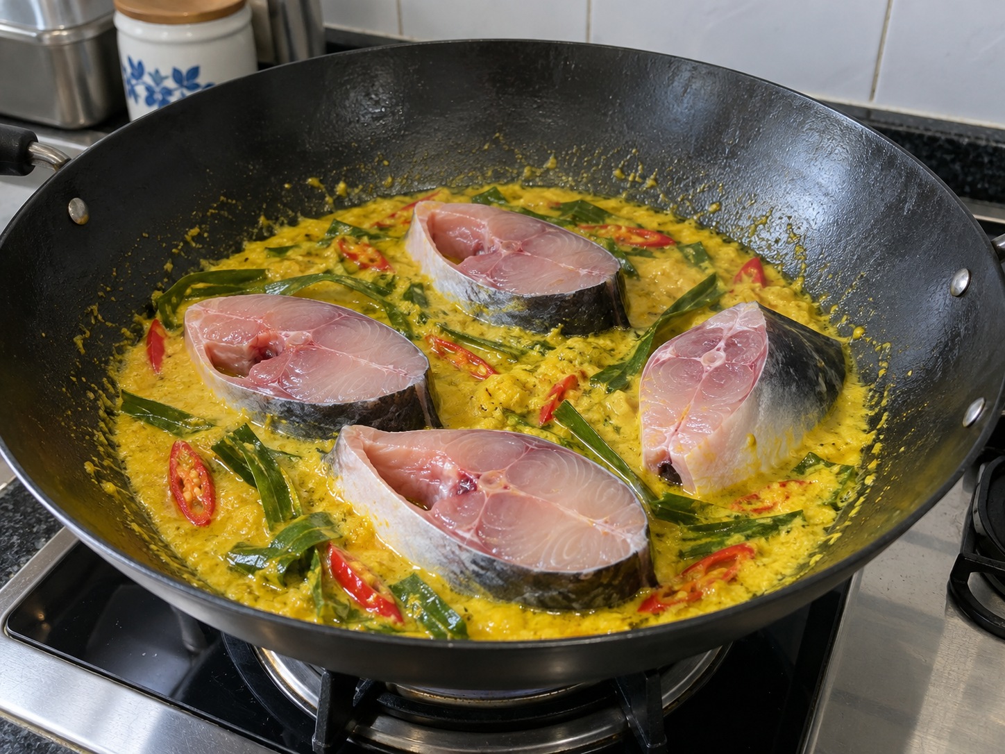馬來西亞發酵榴槤巴丁魚 Ikan Patin Tempoyak — 魚件單層放入鍋