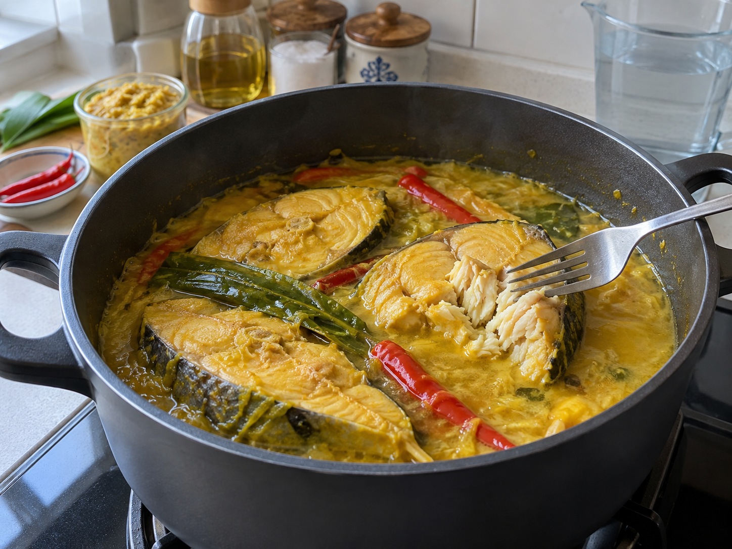 馬來西亞發酵榴槤巴丁魚 Ikan Patin Tempoyak — 用叉檢查魚肉最厚處不透明、可輕易分片