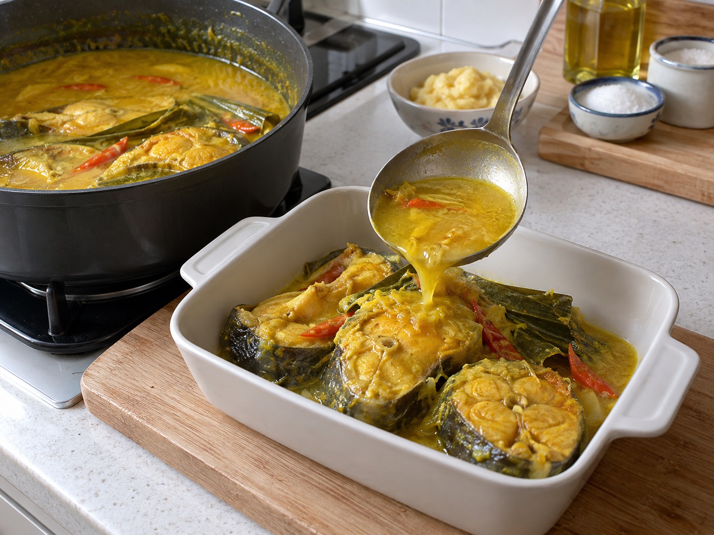 馬來西亞發酵榴槤巴丁魚 Ikan Patin Tempoyak — 用魚鑊鏟整件盛上深碟