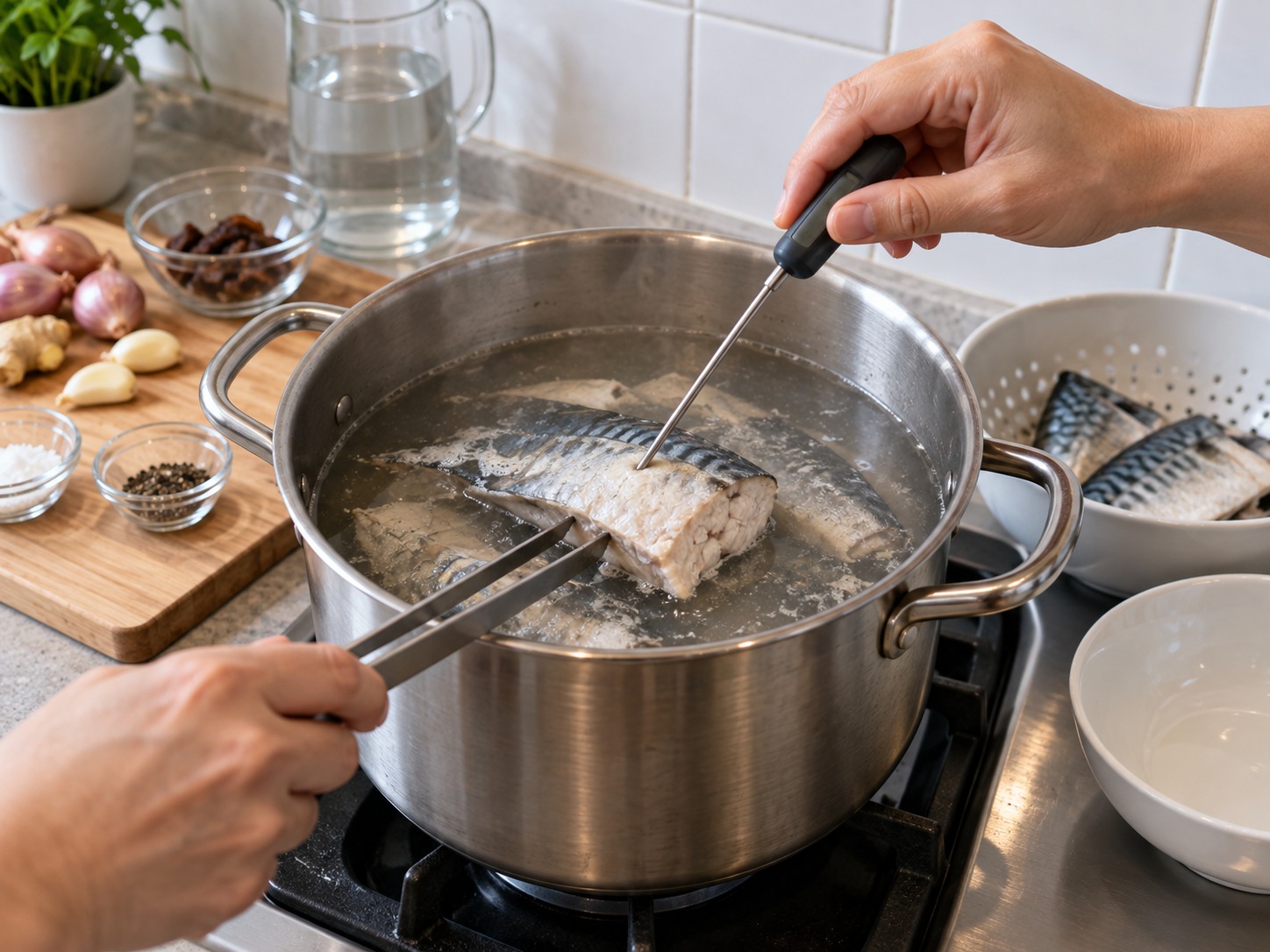 馬來西亞吉蘭丹魚汁米卷 Laksam — 鯖魚加入一點二公升清水，小火煮至中心至少六十三度