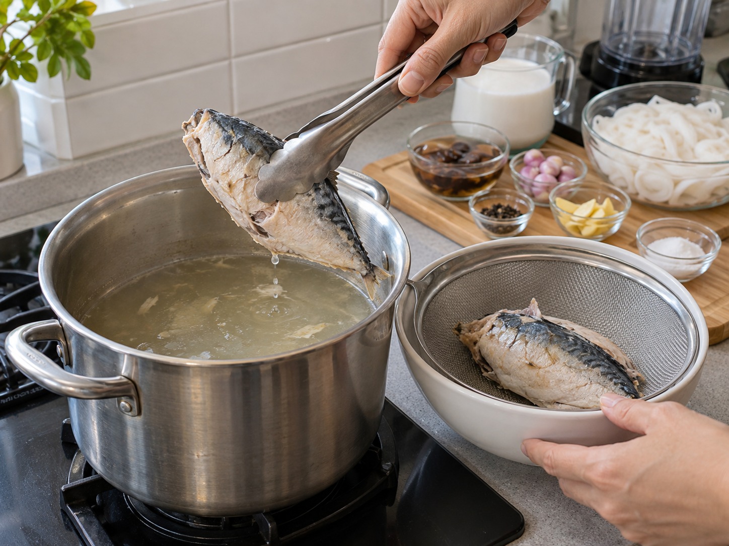 馬來西亞吉蘭丹魚汁米卷 Laksam — 撈起鯖魚放涼，保留無雜質的煮魚水